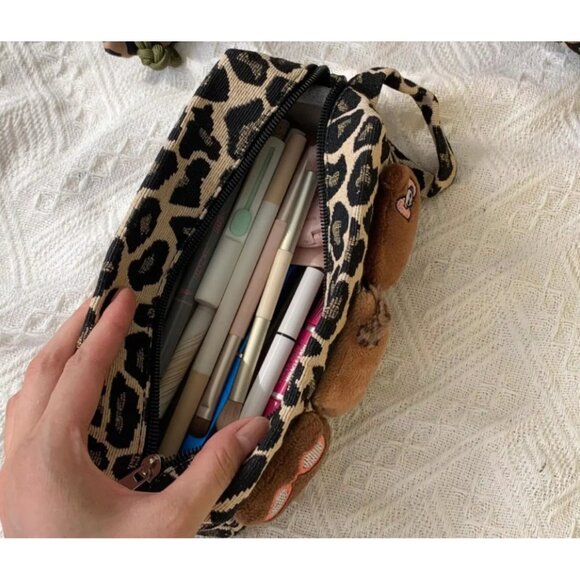 Hello Kitty Leopard Print Cosmetic Makeup Bag Cute Plush Kitty Large Capacity - Picture 5 of 5